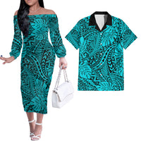 Hawaii Couples Matching Off Shoulder Long Sleeve Dress and Hawaiian Shirt Turquoise Polynesian Tribal Art LT14 Turquoise - Polynesian Pride