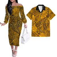 Hawaii Couples Matching Off Shoulder Long Sleeve Dress and Hawaiian Shirt Gold Polynesian Tribal Art LT14 Gold - Polynesian Pride