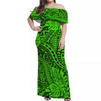 Hawaii Off Shoulder Long Dress Polynesian Tribal Art Ver.06 LT14 Women Green - Polynesian Pride