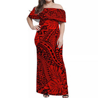 Hawaii Off Shoulder Long Dress Polynesian Tribal Art Ver.02 LT14 Women Red - Polynesian Pride