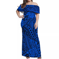 Hawaii Off Shoulder Long Dress Polynesian Tribal Art Ver.04 LT14 Women Blue - Polynesian Pride