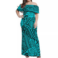 Hawaii Off Shoulder Long Dress Polynesian Tribal Art Ver.01 LT14 Women Turquoise - Polynesian Pride