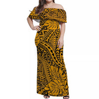 Hawaii Off Shoulder Long Dress Polynesian Tribal Art Ver.05 LT14 Women Gold - Polynesian Pride