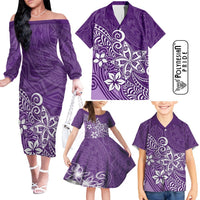 Hawaii Family Matching Outfits Polynesia Off Shoulder Long Sleeve Dress And Shirt Family Set Clothes Plumeria Purple Curves LT7 - Polynesian Pride