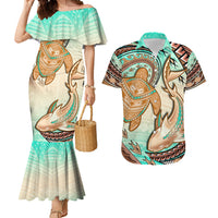 Hawaii Couples Matching Mermaid Dress And Hawaiian Shirt Polynesian Shark And Sea Turtle Dreamy Turquoise LT14 Turquoise - Polynesian Pride