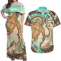 Hawaii Couple Outfits Hawaii Matching Dress and Hawaiian Shirt Polynesian Shark And Sea Turtle Dreamy Turquoise Artsy LT14 - Polynesian Pride