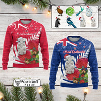 Custom New Zealand Christmas In July Knitted Sweatshirt Meri Kirihimete Aotearoa Pohutukawa Flowers CTM14 Multicolor - Polynesian Pride