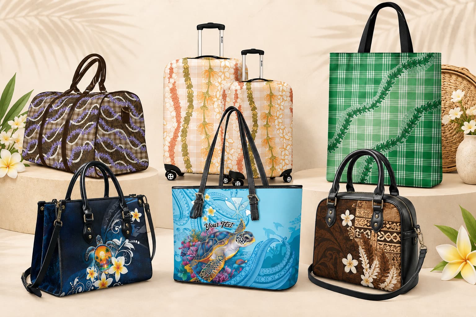 Collection of Polyensian Pride handbags and suitcases with floral and abstract designs on a decorative background.