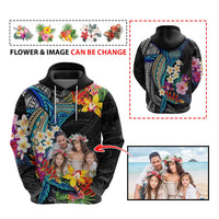 Custom Photo Polynesian Shark Tattoo Hoodie Beauty Pacific Flowers - Polynesian Pride