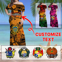 Custom Hawaii Tropical Off Shoulder Maxi Dress Hammerhead Shark and Coat of Arm Polynesian Island