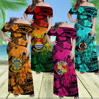 Custom Hawaii Tropical Off Shoulder Maxi Dress Hammerhead Shark and Coat of Arm Polynesian Island
