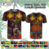 Custom Photo Papua New Guinea Provinces T Shirt Flag With Polynesian Tropical Flowers - Polynesian Pride