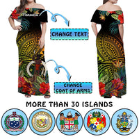 Custom Polynesian Off Shoulder Maxi Dress Coat Of Arms Tropical Flowers