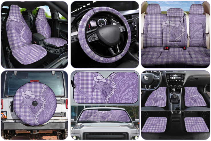 Set of purple Hawaiian Palaka car interior accessories including seat covers, steering wheel cover, and floor mats.