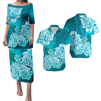 Polynesian Matching Couple Outfit Floral Tribal Puletasi Dress and Hawaiian Shirt Teal LT9 - Polynesian Pride