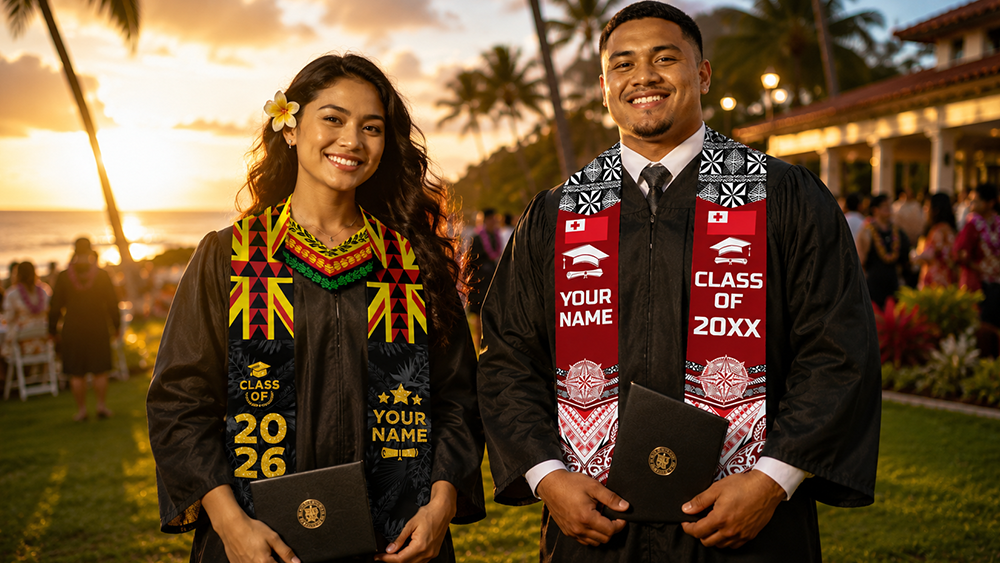 Two graduates in caps and gowns with stoles standing outdoors at sunset.
