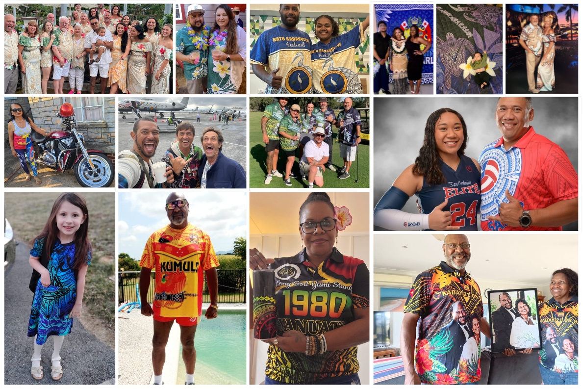 Polynesian Pride Customer Reviews, Collage of people wearing colorful clothing with various designs and text.