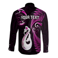 Personalised New Zealand Couples Summer Maxi Dress and Long Sleeve Button Shirts Aotearoa Silver Fern With Manaia Maori Unique Pink LT14 - Polynesian Pride