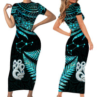Matching Outfits For Couples Maori Short Sleeve Body Long Dress and Hawaiian Shirt Matariki Stars Manaia with Paua Shell - Aqua LT9 - Polynesian Pride