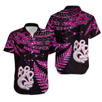 Couples Matching Hawaiian Outfits Matariki New Zealand Puletasi Dress and Hawaiian Shirt Manaia with Paua Shell - Pink LT9 - Polynesian Pride