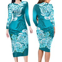 Polynesian Matching Outfit For Couples Floral Tribal Teal Style Bodycon Dress And Hawaii Shirt LT9 - Polynesian Pride