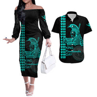 Hawaii Couples Matching Outfits Combo Long Sleeve Dress Kamehameha Day - Green LT6 Green - Polynesian Pride