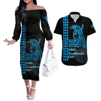 Hawaii Couples Matching Outfits Combo Long Sleeve Dress Kamehameha Day - Blue LT6 Blue - Polynesian Pride