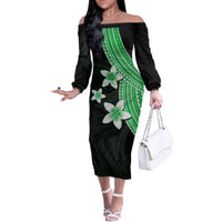 Polynesian Off Shoulder Long Sleeves Dress With Plumeria Flower Green LT6 Women Green - Polynesian Pride