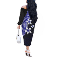 Polynesian Off Shoulder Long Sleeves Dress With Plumeria Flower Blue LT6 - Polynesian Pride