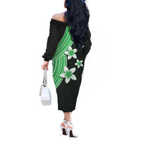 Polynesian Off Shoulder Long Sleeves Dress With Plumeria Flower Green LT6 - Polynesian Pride