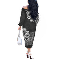 Polynesian Floral Tribal Off Shoulder Long Sleeves Dress Black LT9 - Polynesian Pride