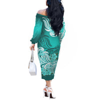 Polynesian Floral Tribal Off Shoulder Long Sleeves Dress Turquoise LT9 - Polynesian Pride