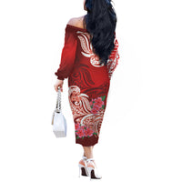 Polynesian Floral Tribal Off Shoulder Long Sleeves Dress Red LT9 - Polynesian Pride
