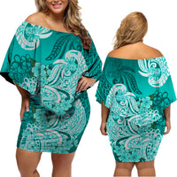 Polynesian Floral Tribal Off Shoulder Short Dress Turquoise LT9 - Polynesian Pride