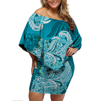 Polynesian Floral Tribal Off Shoulder Short Dress Teal LT9 - Polynesian Pride