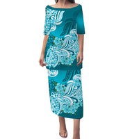 Polynesian Matching Couple Outfit Floral Tribal Puletasi Dress and Hawaiian Shirt Teal LT9 - Polynesian Pride