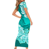 Polynesian Floral Tribal Short Sleeve Body Long Dress Turquoise LT9 - Polynesian Pride