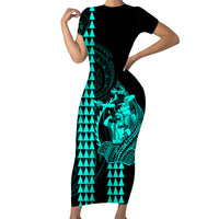 Polynesian Couples Matching Outfits Combo Bodycon Dress And Hawaii Shirt Hawaiian Warrior and Aloha Girl With Hammerhead Shark Tattoos Turquoise LT6 No Shirt - Polynesian Pride