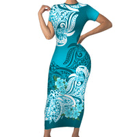 Polynesian Floral Tribal Short Sleeve Body Long Dress Teal LT9 - Polynesian Pride