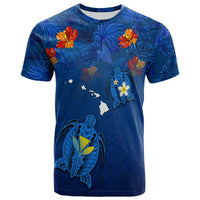 Hawaiian Islands T Shirt Hawaii Tropical Flowers and Turtles Blue LT13 Unisex Blue - Polynesian Pride