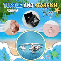 Polynesian Pride Sea Turtle and Starfish Ring – Adjustable Sterling Silver Ocean Jewelry