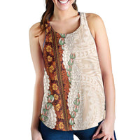 Aloha Hawaii Mikioi Lei Women Racerback Tank Beige Tropical Flower Pattern - Polynesian Pride