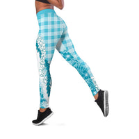 Aloha Hawaii Palaka Leggings Blue Plumeria Lei