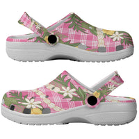 Aloha Puakenikeni Anthurium Pikake Lei Clogs Shoes Tropical Pink Hawaiian Palaka Pattern