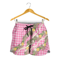 Aloha Puakenikeni Anthurium Pikake Lei Shorts for Women Tropical Pink Hawaiian Palaka Pattern