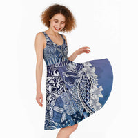 Aloha Vintage Plumeria Hawaiian Tapa Pattern Midi Dress Blue Hawaiian Tapa Pattern - Polynesian Pride