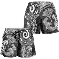 Aotearoa Maori Sea Animals Tribal Shorts for Women Manta Ray and Shark Moko Pattern Black Color