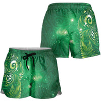 Aotearoa New Zealand New Year Shorts for Women Tribal Koru Tattoo Green Galaxy Maori Silver Fern