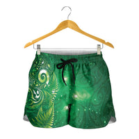 Aotearoa New Zealand New Year Shorts for Women Tribal Koru Tattoo Green Galaxy Maori Silver Fern