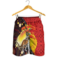 Australia and Papua New Guinea Together Shorts for Men Bird-of-paradise and Kangaroo with Oro Tapa and Aboriginal Art Motifs - Polynesian Pride